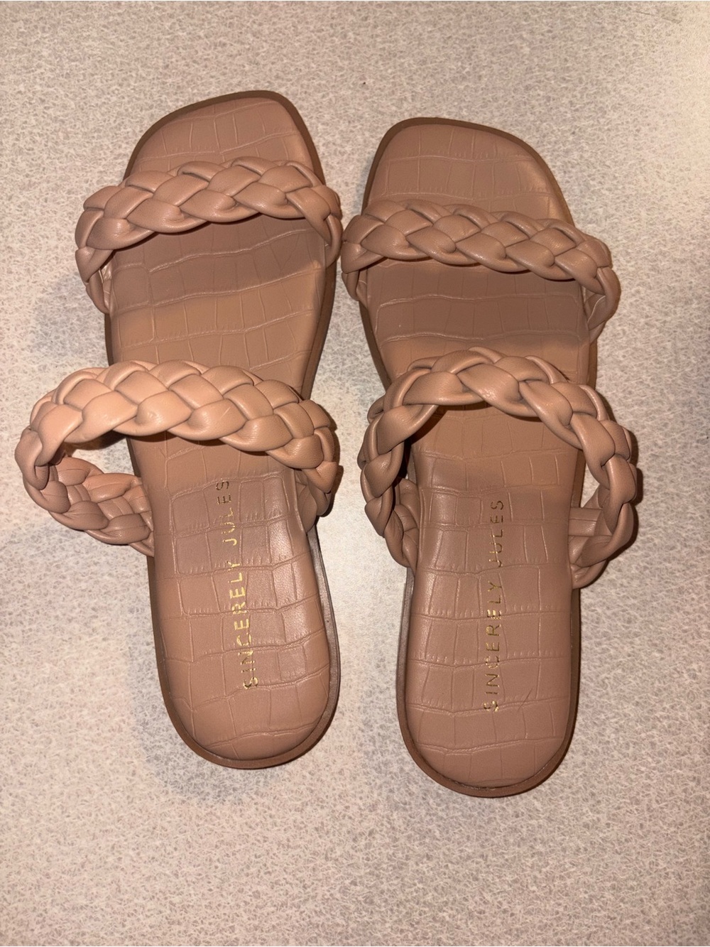 Sincerely Jules Braided Double-Strap Slide Sandals in Taupe